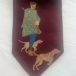 Polo Ralph Lauren Burgundy Silk Tie w/Huntsman & Retrievers & Mallards In Flight